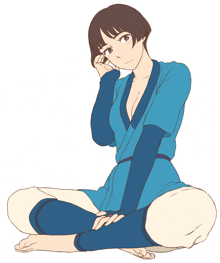 1girl, alternate_costume, barefoot, blush, bob_cut, breasts, brown_eyes, brown_hair
