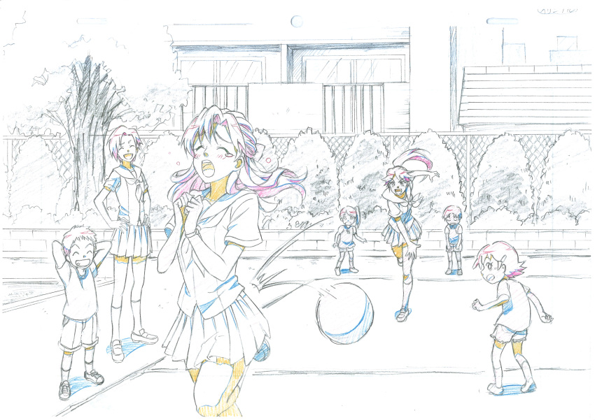 2boys, 4girls, absurdres, amps.yumest, animation_paper, arm_up, arms_behind_head, ball, bangs, blush, brick_wall, bush, closed_eyes, color_trace, commentary_request, dodgeball, foliage, furrowed_eyebrows, grin, hair_ornament, hairclip, hands_on_own_chest, happy, highres, hitting, laughing, leg_up, long_hair, looking_back, monochrome, motion_lines, multiple_boys, multiple_girls, neckerchief, open_mouth, original, outdoors, playground, pleated_skirt, ponytail, production_art, raised_eyebrows, school, school_uniform, serafuku, shadow, shirt, short_hair, shorts, sketch, skirt, smile, surprised, t-shirt, tearing_up, throwing, translated, tree, watch, watch