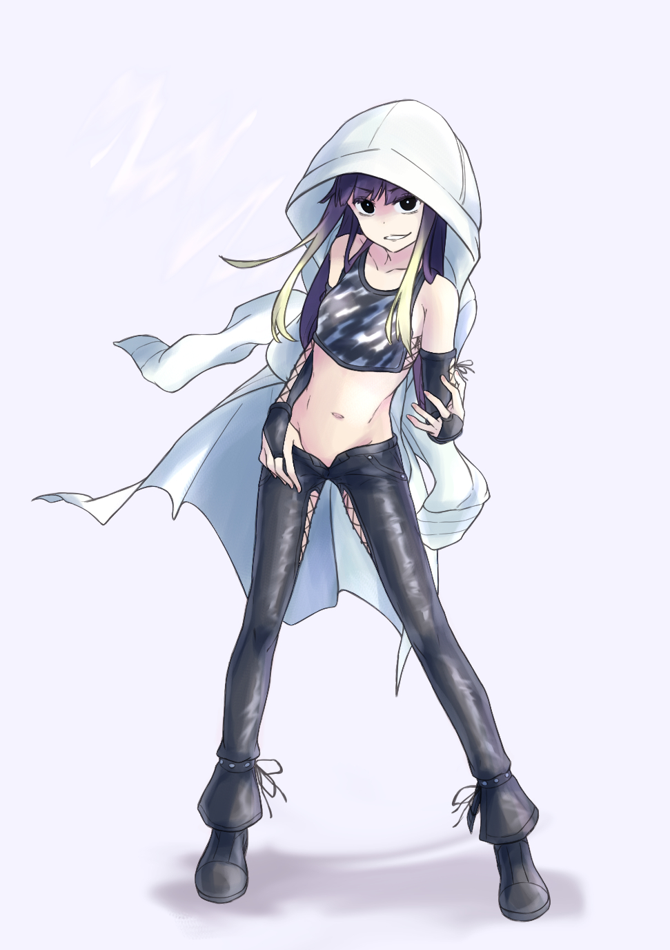 1girl, abs, bangs, bare_shoulders, black_eyes, black_footwear, black_gloves, black_hair