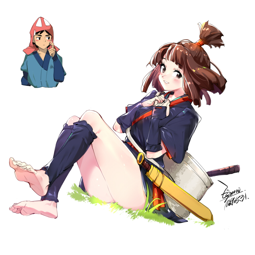 1boy, 1girl, ashitaka, ass, barefoot, blush, breasts, brown_eyes, brown_hair, ejami, feet, japanese_clothes, kaya_(mononoke_hime), kimono, leg_warmers, legs, looking_at_viewer, mononoke_hime, open_mouth, short_hair, short_kimono, simple_background, sitting, smile, white_background