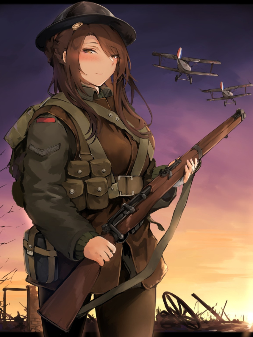 aircraft, airplane, biplane, blush, british, british_army, brown_eyes, brown_hair