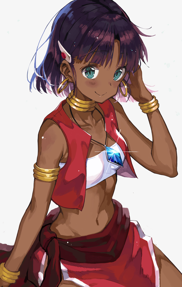 1girl, adjusting_hair, armband, bangs, bare_shoulders, blush, bob_cut, bracelet