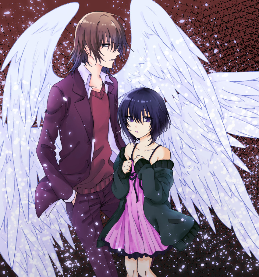 1boy, 1girl, absurdres, angel_wings, bangs, black_hair, bob_cut, brown_background