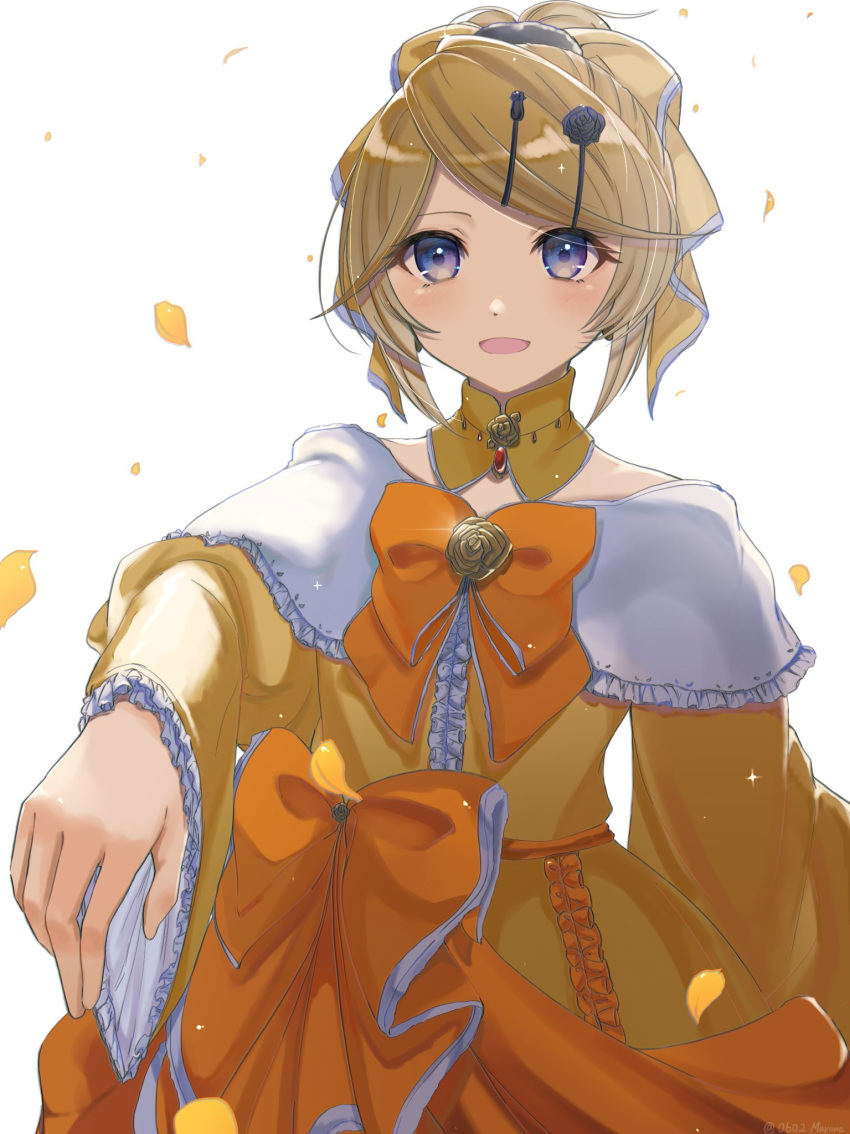1girl, anniversary, backlighting, blonde_hair, blue_eyes, bow, choker, dress, dress_bow, dress_flower, evillious_nendaiki, eyelashes, frilled_dress, frilled_sleeves, frills, hair_bow, highres, kagamine_rin, looking_at_viewer, mayo_(mayone-u), outstretched_arm, pale_skin, petals, pov, princess, reaching, riliane_lucifen_d'autriche, smile, solo, updo, vocaloid, wide_sleeves, yellow_dress