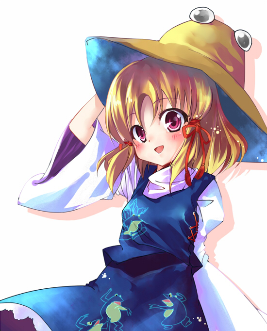 blonde_hair, frog_print, hair_ribbon, hand_on_hat, hat, jumper, moriya_suwako, open_mouth