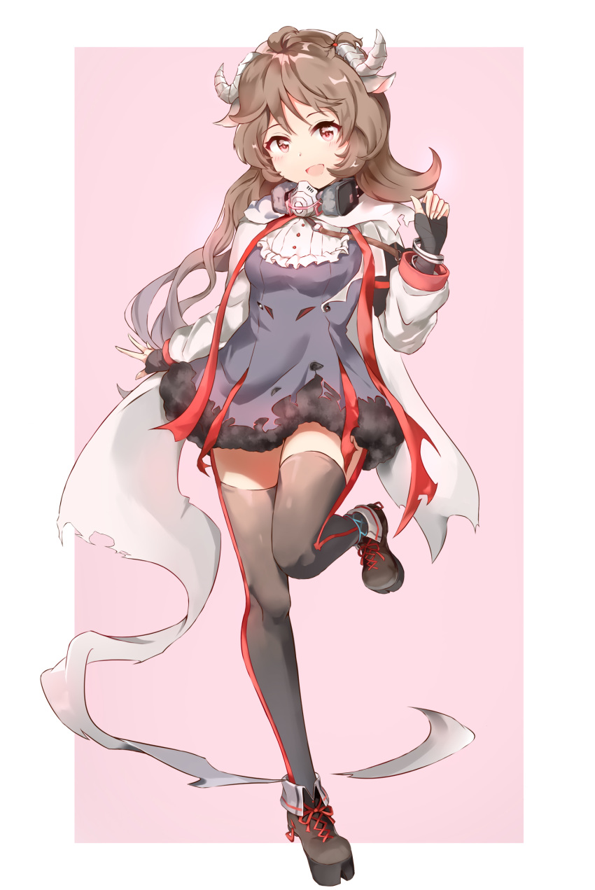 1girl, :d, animal_ears, arknights, bangs, black_footwear, black_gloves, black_legwear, brown_eyes, brown_hair, commentary_request, dress, dual_blow, eyjafjalla_(arknights), fingerless_gloves, full_body, gloves, grey_dress, hand_up, head_tilt, highres, horns, long_hair, looking_at_viewer, open_mouth, partial_commentary, pink_background, sheep_ears, sheep_horns, shoes, short_dress, simple_background, smile, solo, standing, standing_on_one_leg, thigh-highs, zettai_ryouiki
