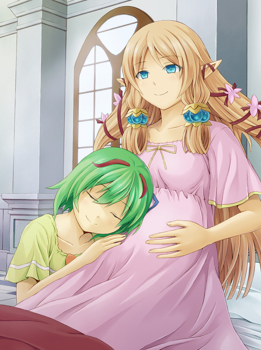 2girls, antennae, bed, bed_sheet, blonde_hair, blue_eyes, breasts, closed_eyes