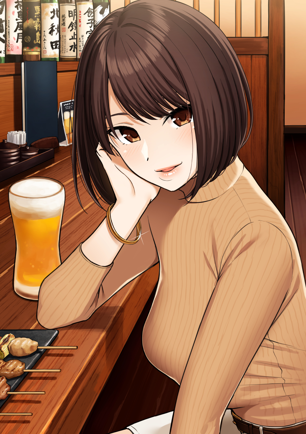 1girl, :d, alcohol, beer, belt, blush, bob_cut, bracelet