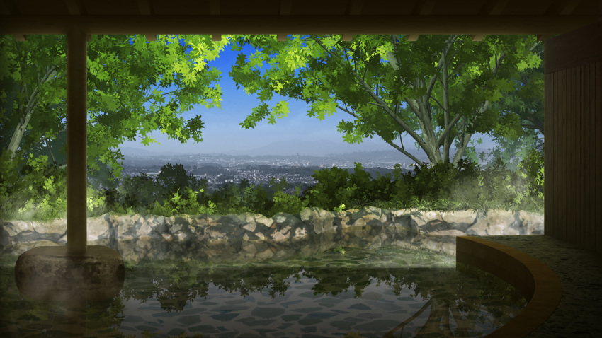 akai_ronii, blue_sky, cityscape, commentary_request, day, grass, highres, mountain