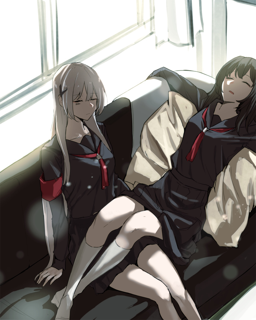2girls, architect_(girls_frontline), bang, black_hair, breasts, closed_eyes, couch, facial_mark