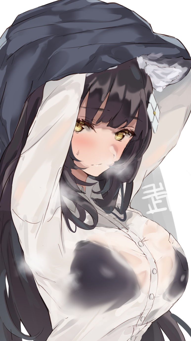 1girl, animal_ears, arms_up, bangs, black_bra, blunt_bangs, blush, bra, closed_mouth, commentary_request, dress_shirt, eyebrows_visible_through_hair, girls_frontline, highres, long_sleeves, qbz-95_(girls_frontline), sabashi, see-through, shirt, solo, steaming_body, sweat, underwear, undressing, upper_body, wet, wet_clothes, wet_shirt, yellow_eyes