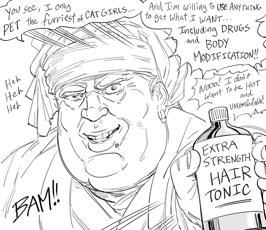 1boy, bb_(baalbuddy), bottle, commentary, earrings, english_commentary, english_text, fat, fat_man, fur, greyscale, grin, hair_tonic, highres, holding, holding_bottle, jewelry, looking_at_viewer, male_focus, monochrome, monster_girl, original, paws, pervert, pimple, sanpaku, simple_background, smile, turban, whisker_markings, white_background
