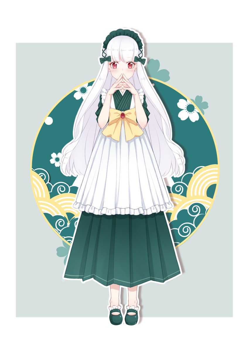 1girl, absurdres, albino, bangs, blunt_bangs, floral_background, frills, full_body