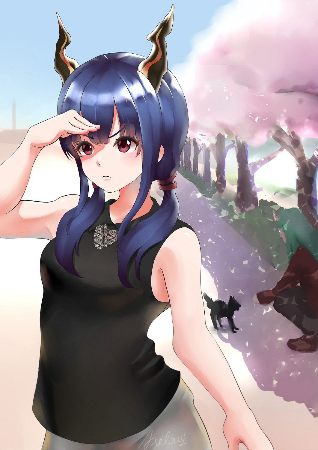2girls, arknights, axeloust, blue_hair, cat, ch'en_(arknights), dragon_girl, dragon_horns