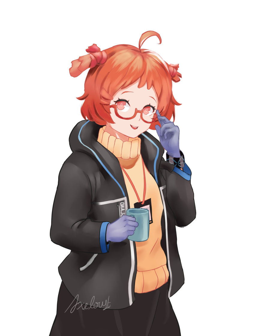 1girl, ahoge, arknights, axeloust, beagle_(arknights), english_commentary, glasses, gloves