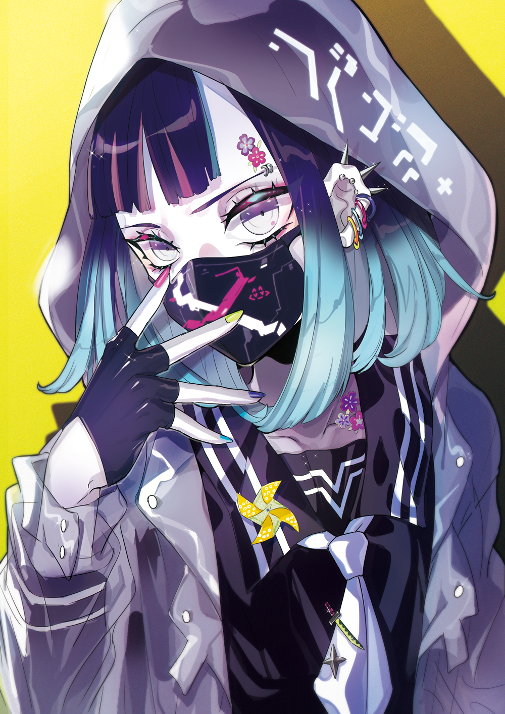1girl, aqua_hair, bangs, black_gloves, black_serafuku, blue_nails, blunt_bangs, bob_cut