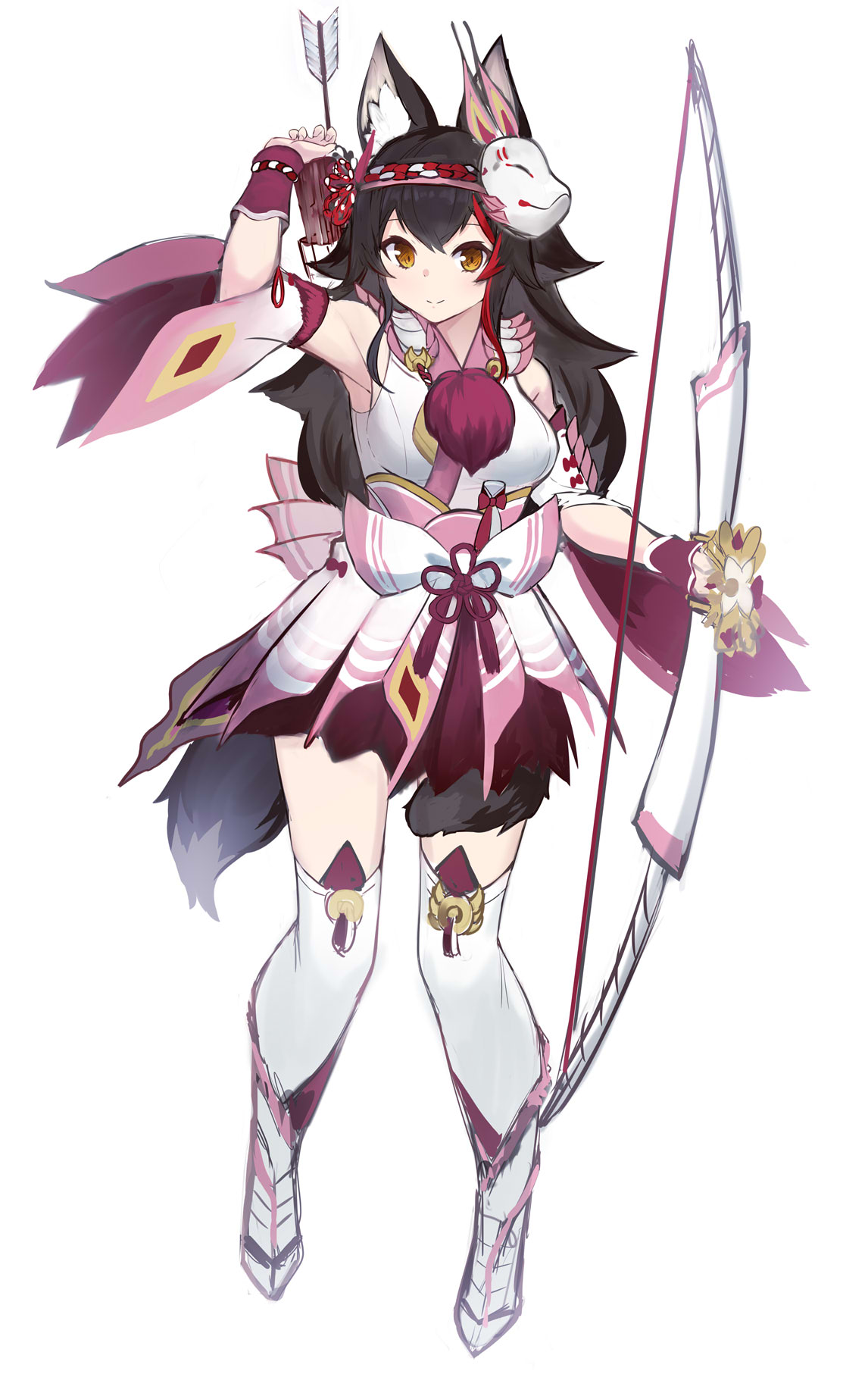 1girl, alternate_costume, animal_ear_fluff, animal_ears, armpit_crease, arrow, bangs, bare_shoulders