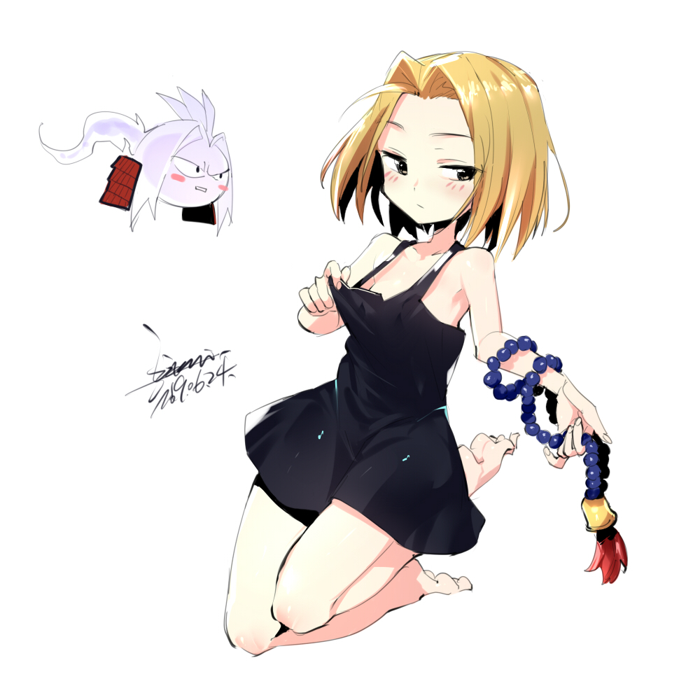 1girl, amidamaru, bare_shoulders, beads, black_dress, blonde_hair, blush, closed_mouth