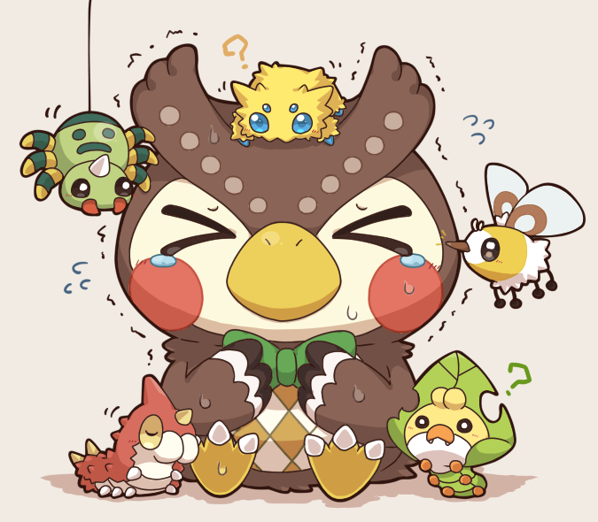 >_<, 2027_(submarine2027), ?, bird, blush, bow, bowtie, bug