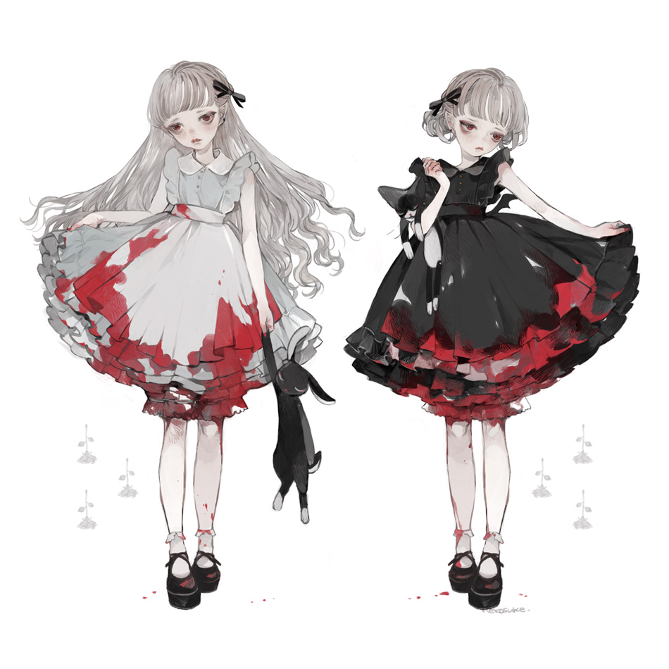 2girls, ambiguous_red_liquid, animal, apron, bare_arms, black_dress, black_footwear, black_ribbon