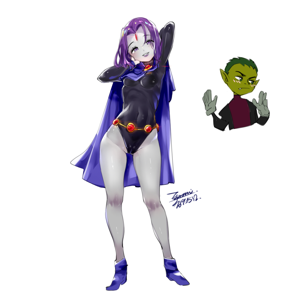 1boy, 1girl, beast_boy_(dc), belt, breasts, cape, closed_mouth, dc_comics, ejami, forehead_jewel, grey_skin, leotard, looking_at_viewer, purple_hair, raven_(dc), short_hair, simple_background, smile, teen_titans, violet_eyes, white_background