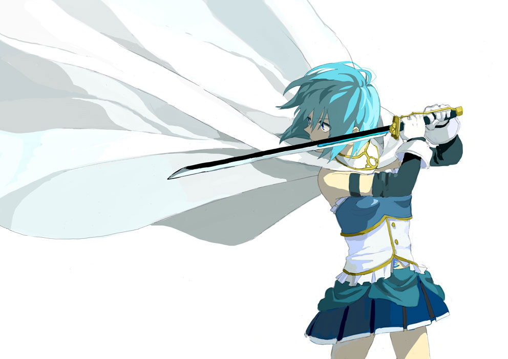 1girl, arms_up, bare_shoulders, blue_eyes, blue_hair, blue_skirt, breasts, cape, closed_mouth, clothes_lift, cowboy_shot, detached_sleeves, eyebrows_visible_through_hair, eyes_visible_through_hair, facing_away, fighting_stance, floating_hair, frills, gloves, holding, holding_sword, holding_weapon, legs_apart, looking_away, mahou_shoujo_madoka_magica, mijingiriri, miki_sayaka, pleated_skirt, serious, shaded_face, short_hair, simple_background, skirt, small_breasts, solo, soul_gem, strapless, sword, thighs, under_boob, v-shaped_eyebrows, weapon, white_background, white_cape, white_gloves