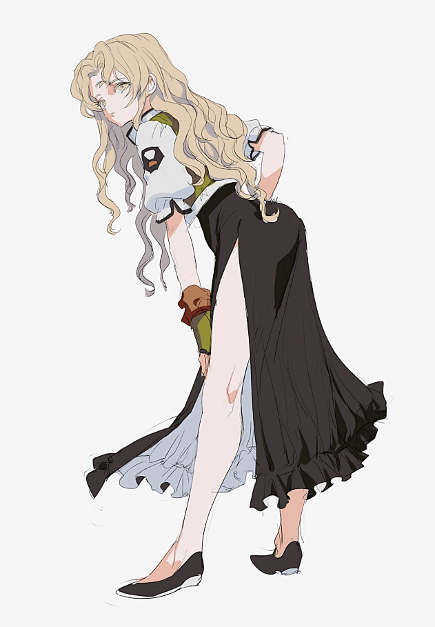 1girl, aoki_(fumomo), ass, blonde_hair, dress, fingerless_gloves, gloves, high_heels, jacket, long_hair, looking_at_viewer, opera_vectra, simple_background, solo, star_ocean, star_ocean_the_second_story, third_eye