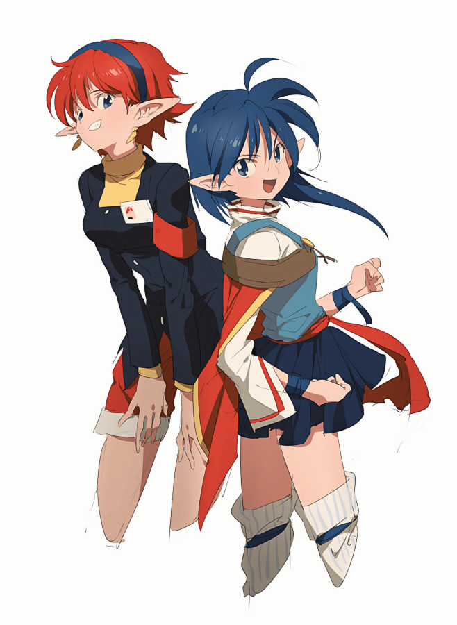 aoki_(fumomo), armband, blue_eyes, blue_hair, blue_skirt, breasts, cape, chisato_madison, earrings, hair_ornament, hairband, jewelry, looking_at_viewer, multiple_girls, open_mouth, pointy_ears, red_cape, rena_lanford, reporter, short_hair, simple_background, skirt, smile, star_ocean, star_ocean_the_second_story, thigh-highs, white_legwear