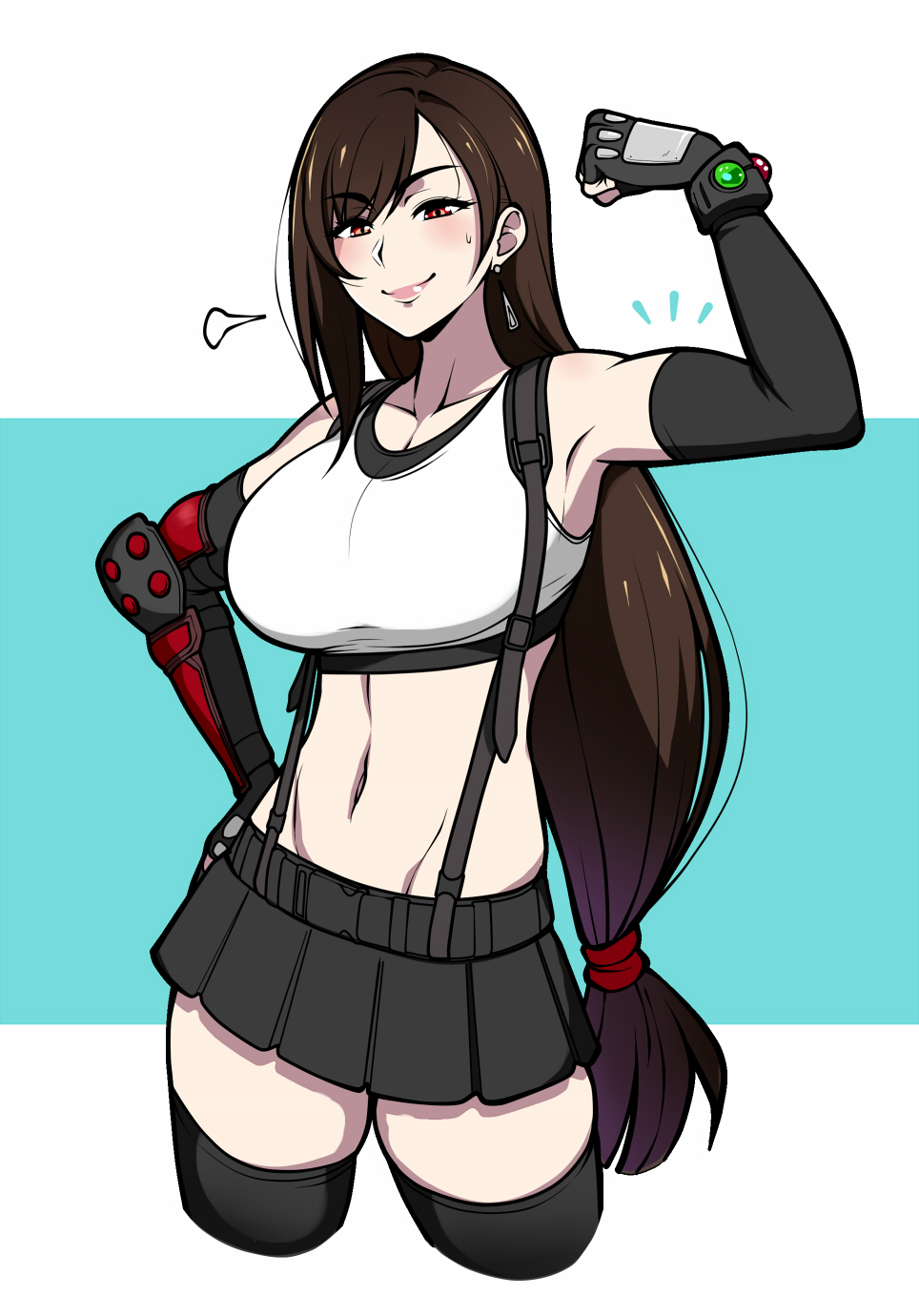 1girl, bangs, biceps, black_legwear, black_skirt, black_sleeves, black_sports_bra, blush
