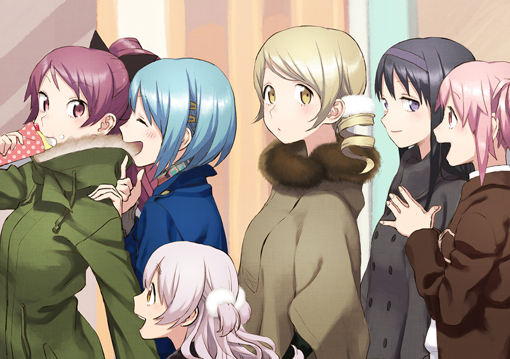 6+girls, :d, :o, ^_^, age_difference, akemi_homura, alternate_costume, arm_at_side
