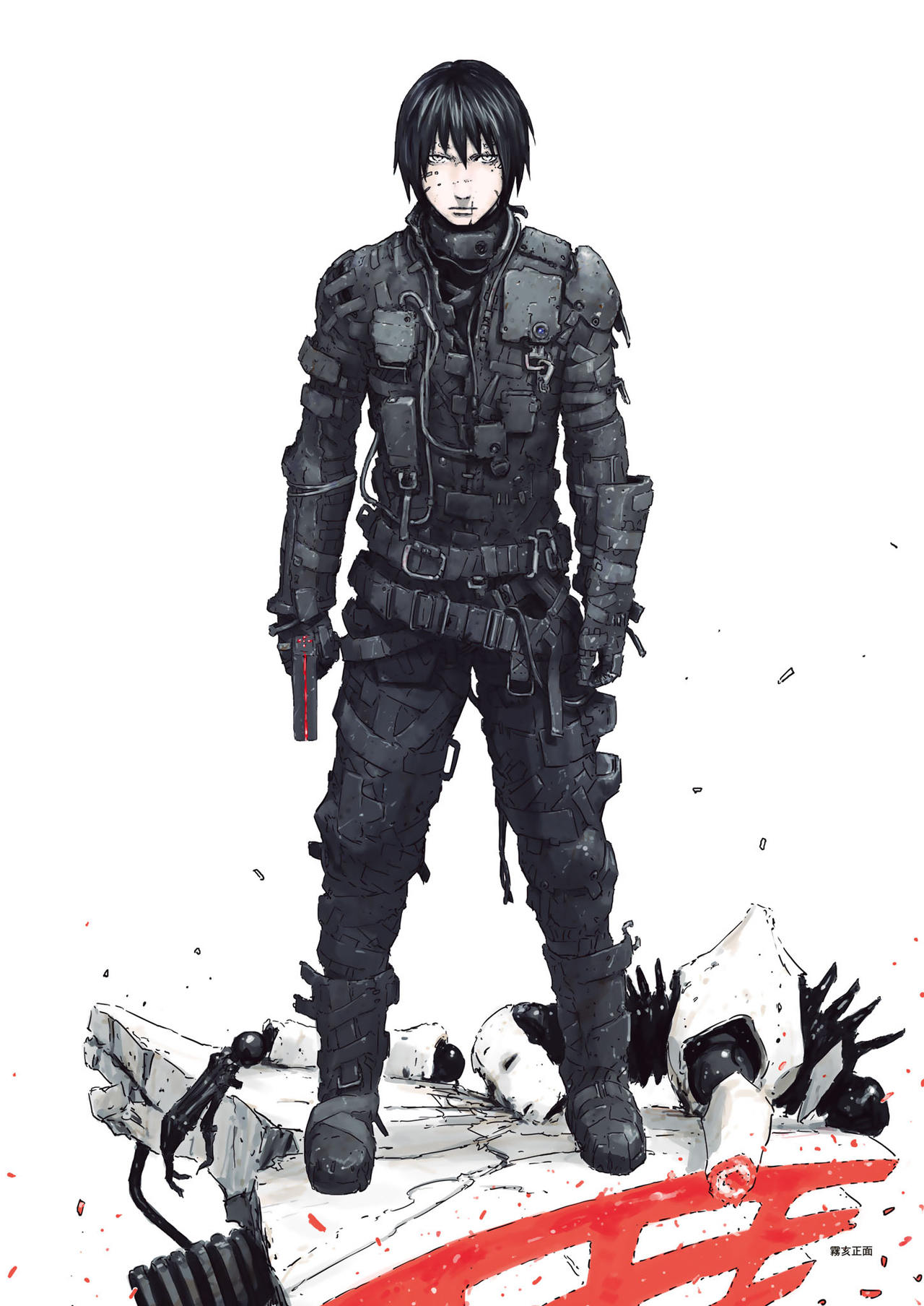 1boy, black_hair, blame!, bodysuit, cover, damaged, defeat, full_body