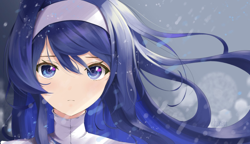 1girl, bangs, blue_eyes, blue_hair, chaesu, character_request, closed_mouth, commentary