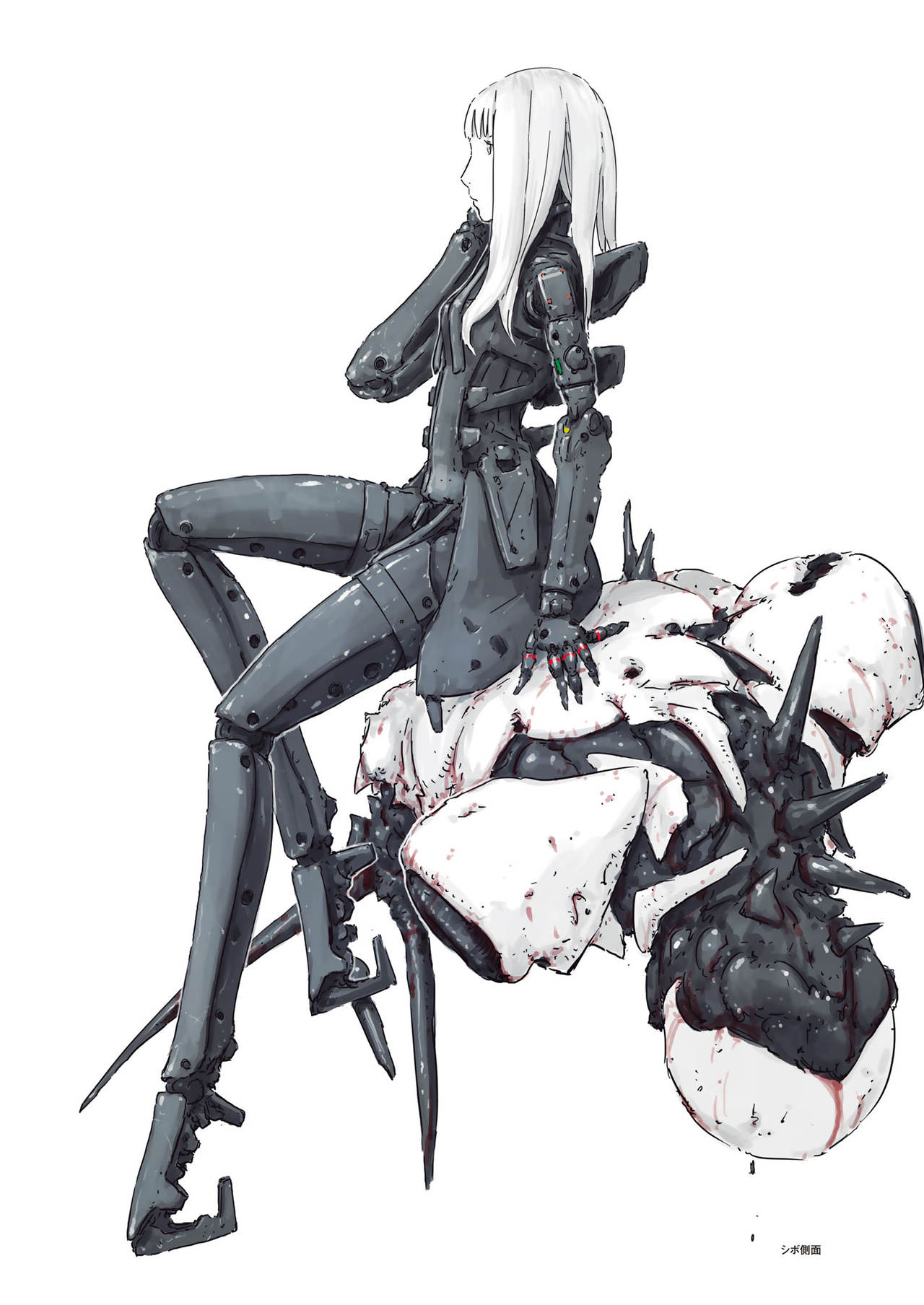 1girl, arm_up, bangs, black_bodysuit, blame!, blunt_bangs, bodysuit, cibo