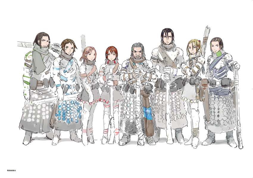 3girls, 5boys, armor, artbook, beard, black_hair, blame!, blonde_hair