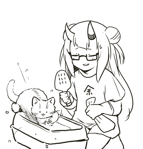 1girl, blush, cat, closed_eyes, commentary, double_bun, glasses, holding