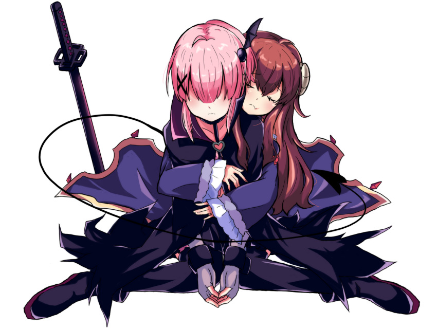 2girls, ahoge, boots, brown_hair, capelet, chiyoda_momo, cloak, demon_girl