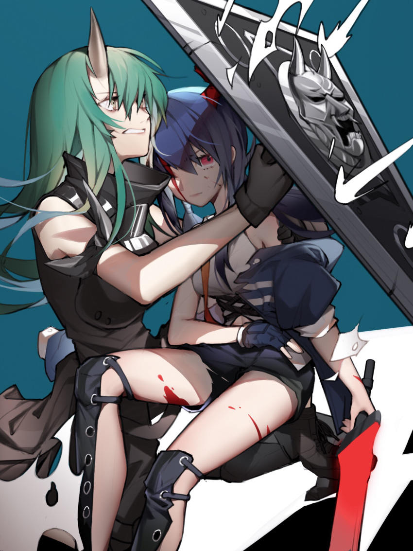 aniao_ya, arknights, arm_around_shoulder, armband, armor, black_footwear, black_gloves, black_pants