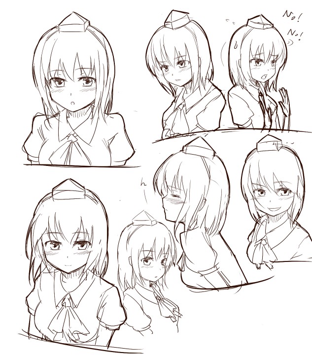 expressions, hat, ket-c, monochrome, shameimaru_aya, short_hair, sketch, smile