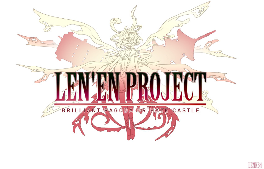 1other, bandage_on_face, bandaged_leg, bandages, brilliant_pagoda_or_haze_castle, coat, final_fantasy, flying, highres, japanese_castle, kuzu_suzumi, len'en, lenk64, logo_parody, pagoda, parody, shorts, solo, style_parody, title_parody