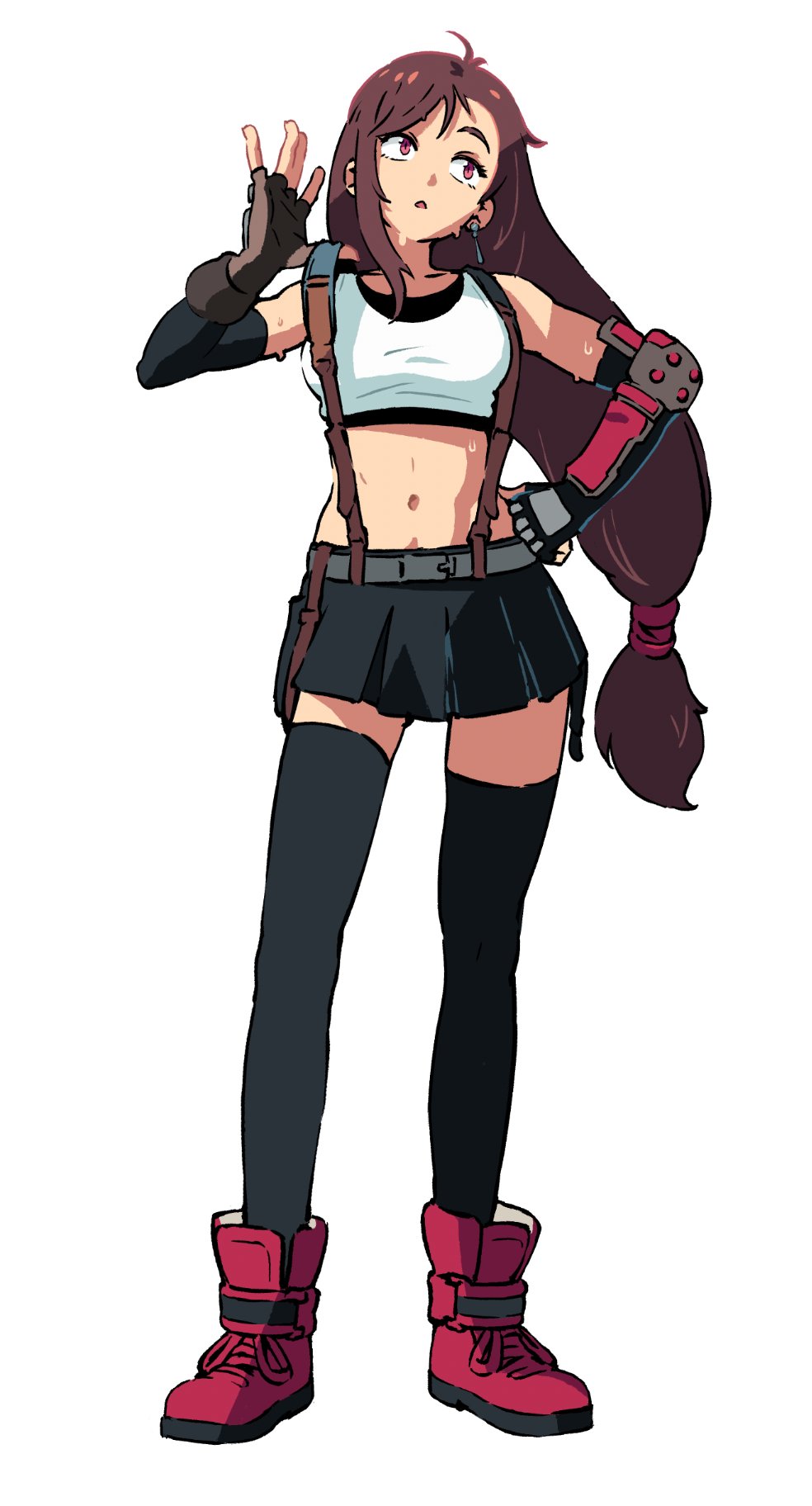 1girl, black_legwear, black_skirt, boots, breasts, brown_hair, crop_top, earrings