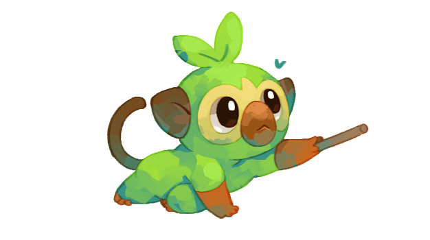 :<, arm_up, brown_eyes, closed_mouth, full_body, gen_8_pokemon, grookey, heart, holding, leaning, looking_up, no_humans, outstretched_arm, pokemon, pokemon_(creature), seafoodbf, simple_background, sitting, solo, stick, symbol_commentary, white_background