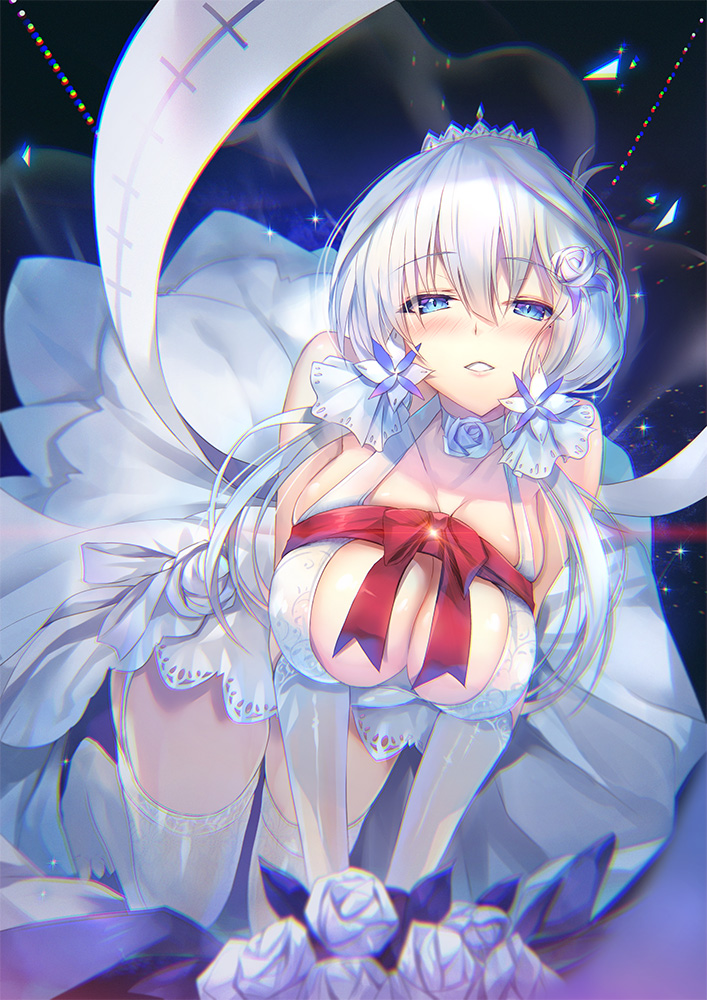1girl, azur_lane, bangs, blue_eyes, blush, bouquet, breasts, bridal_veil