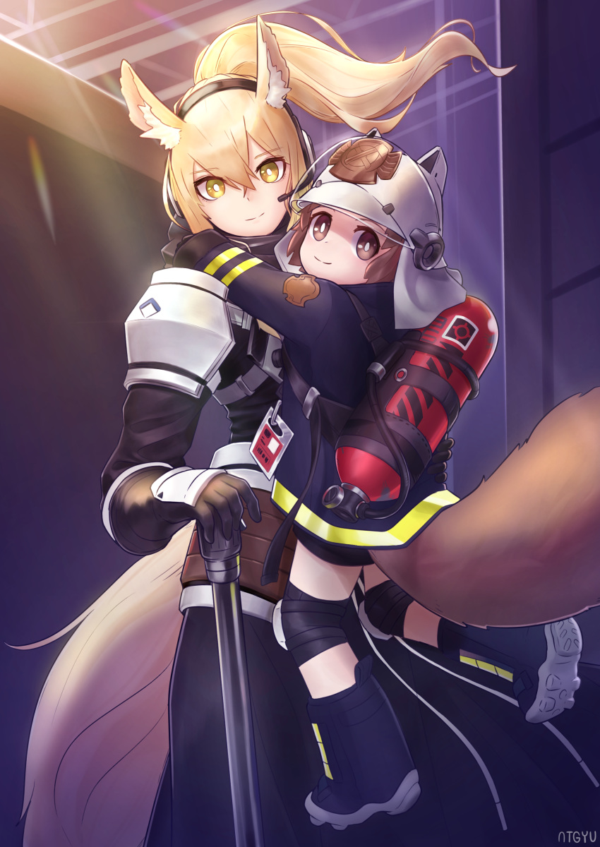 2girls, absurdres, animal_ears, animal_ears_helmet, arknights, artist_name, atgyu, blonde_hair, brown_eyes, brown_hair, carrying, carrying_over_shoulder, commentary_request, fire_helmet, fire_jacket, firefighter, headphones, headset, highres, horse_ears, horse_tail, knee_pads, large_tail, looking_at_viewer, multiple_girls, nearl_(arknights), oxygen_tank, ponytail, shaw_(arknights), short_hair, shoulder_pads, squirrel_girl, squirrel_tail, tail, white_armor
