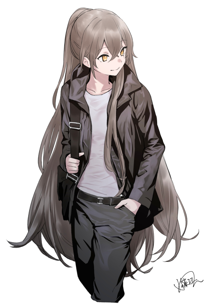 1girl, absurdres, alternate_costume, bag, belt, black_jacket, black_pants, brown_hair