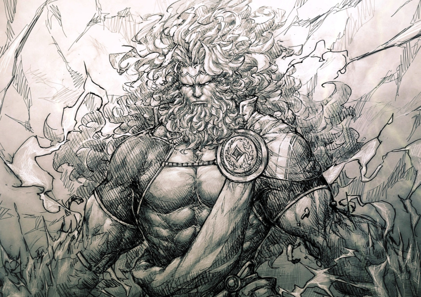 1boy, beard, blank_eyes, circlet, facial_hair, fate/grand_order, fate_(series), graphite_(medium)