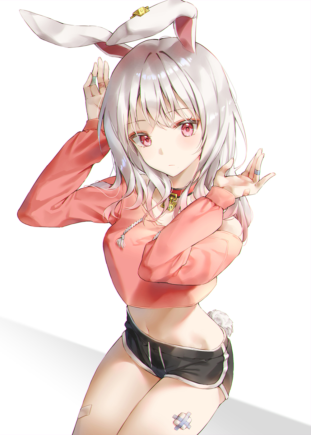 1girl, animal_ears, arms_up, bandages, bandaid, black_shorts, borrowed_character, boyshorts