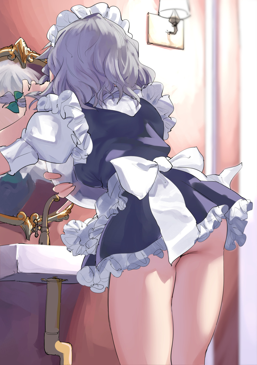 1girl, absurdres, adjusting_hair, apron, ass, back, bathroom, black_dress