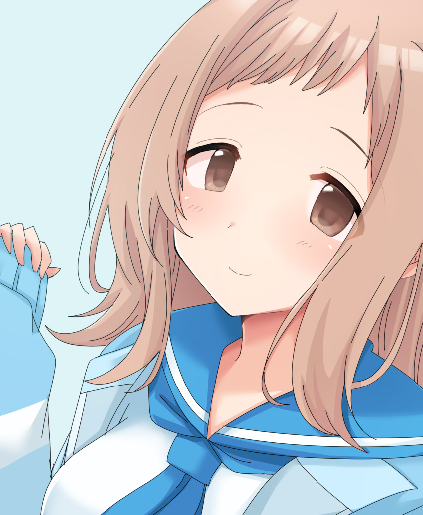 1girl, bangs, blue_background, blue_cardigan, blue_neckwear, blue_sailor_collar, blush, brown_eyes
