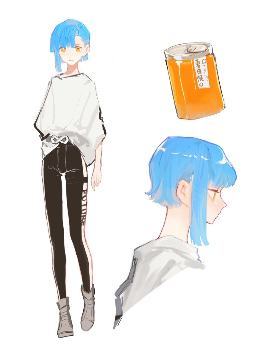 1girl, absurdres, bangs, black_pants, blue_hair, can, closed_mouth, commentary_request