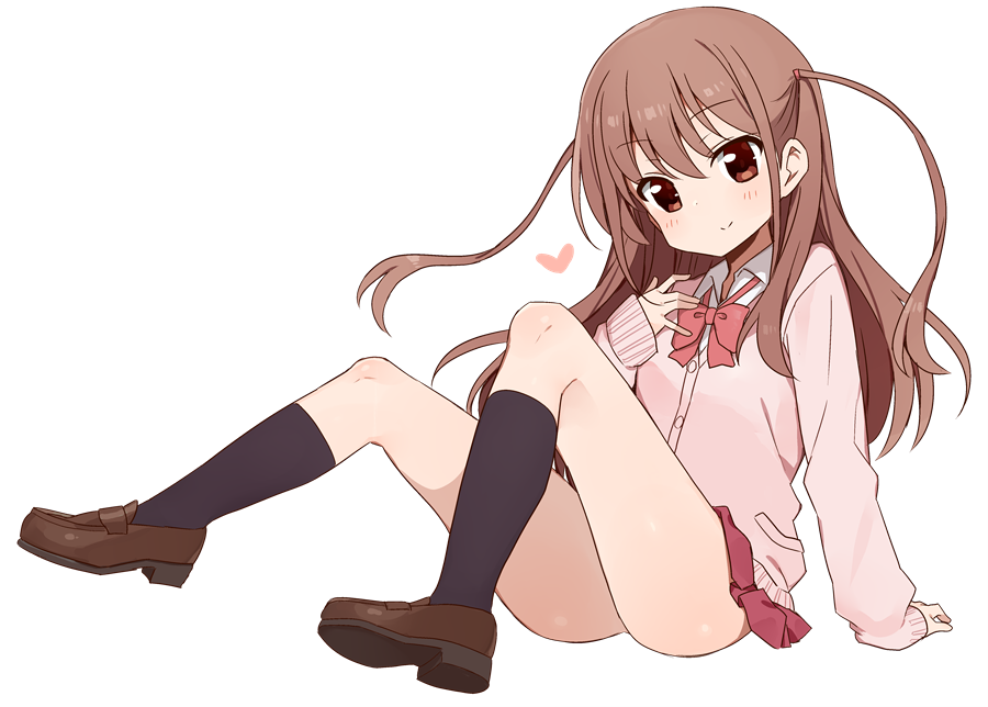 1girl, achiga_school_uniform, arm_support, atarashi_ako, black_legwear, bow, bowtie, brown_footwear
